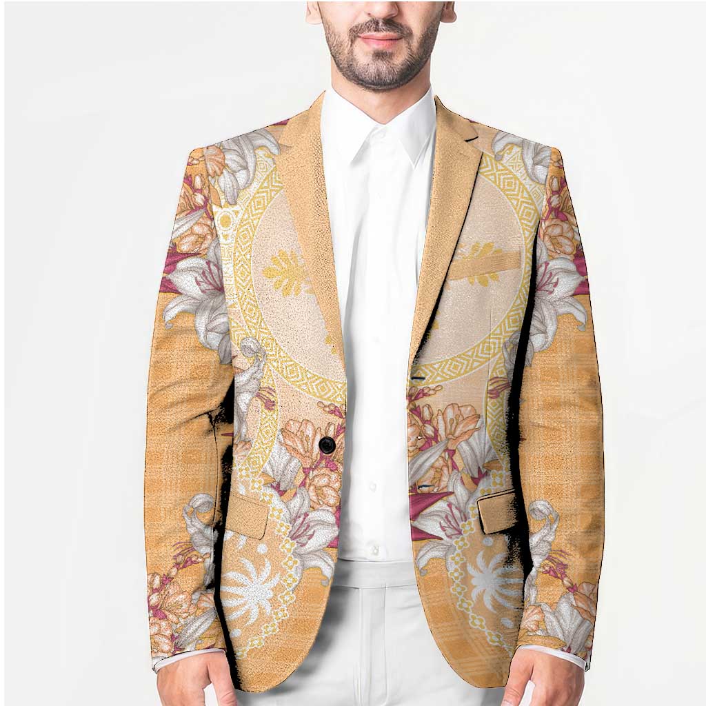 Hawaii Peach Palaka Blazer With Tapa Pattern Tropical Flowers - Polynesian Pride