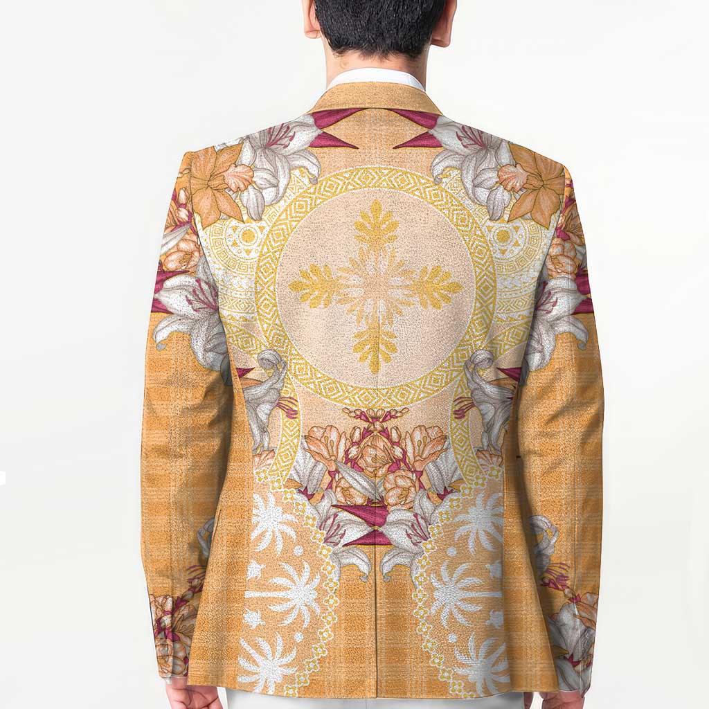 Hawaii Peach Palaka Blazer With Tapa Pattern Tropical Flowers - Polynesian Pride