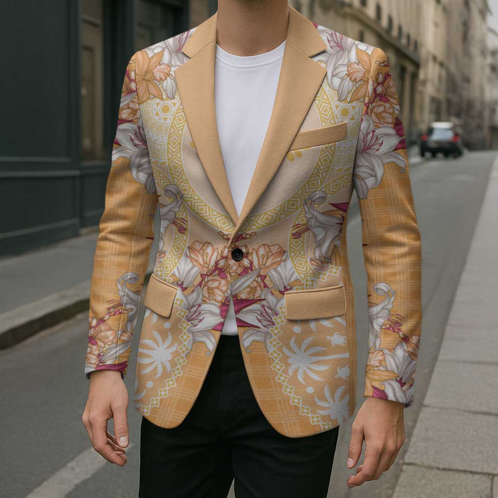 Hawaii Peach Palaka Blazer With Tapa Pattern Tropical Flowers - Polynesian Pride