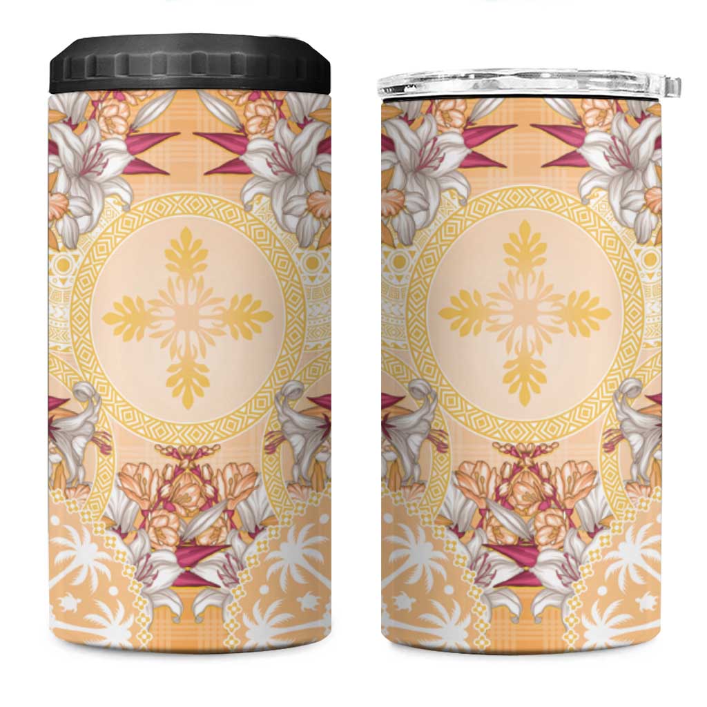 Hawaii Peach Palaka 4 in 1 Can Cooler Tumbler With Tapa Pattern Tropical Flowers - Polynesian Pride