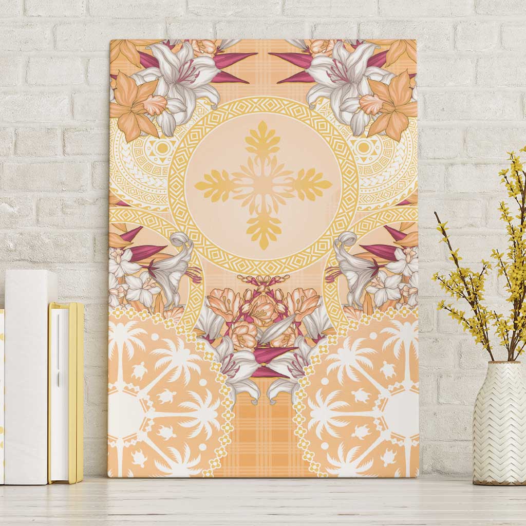 Hawaii Peach Palaka Canvas Wall Art With Tapa Pattern Tropical Flowers - Polynesian Pride