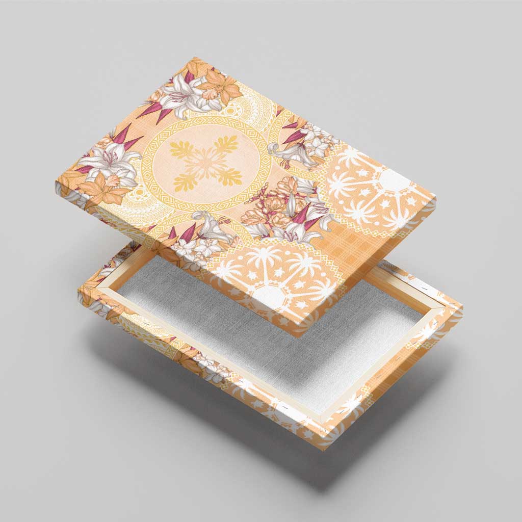 Hawaii Peach Palaka Canvas Wall Art With Tapa Pattern Tropical Flowers - Polynesian Pride