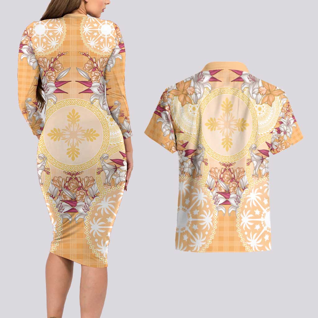 Hawaii Peach Palaka Couples Matching Long Sleeve Bodycon Dress and Hawaiian Shirt With Tapa Pattern Tropical Flowers - Polynesian Pride