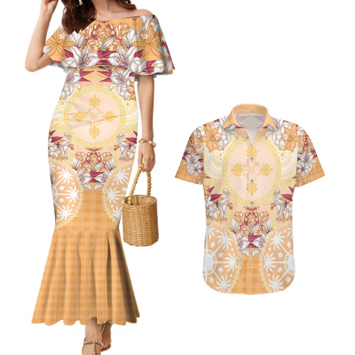 Hawaii Peach Palaka Couples Matching Mermaid Dress and Hawaiian Shirt With Tapa Pattern Tropical Flowers - Polynesian Pride