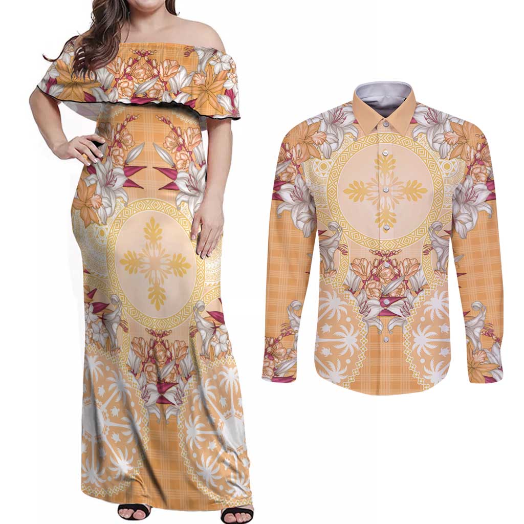 Hawaii Peach Palaka Couples Matching Off Shoulder Maxi Dress and Long Sleeve Button Shirt With Tapa Pattern Tropical Flowers - Polynesian Pride