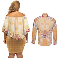 Hawaii Peach Palaka Couples Matching Off Shoulder Short Dress and Long Sleeve Button Shirt With Tapa Pattern Tropical Flowers - Polynesian Pride