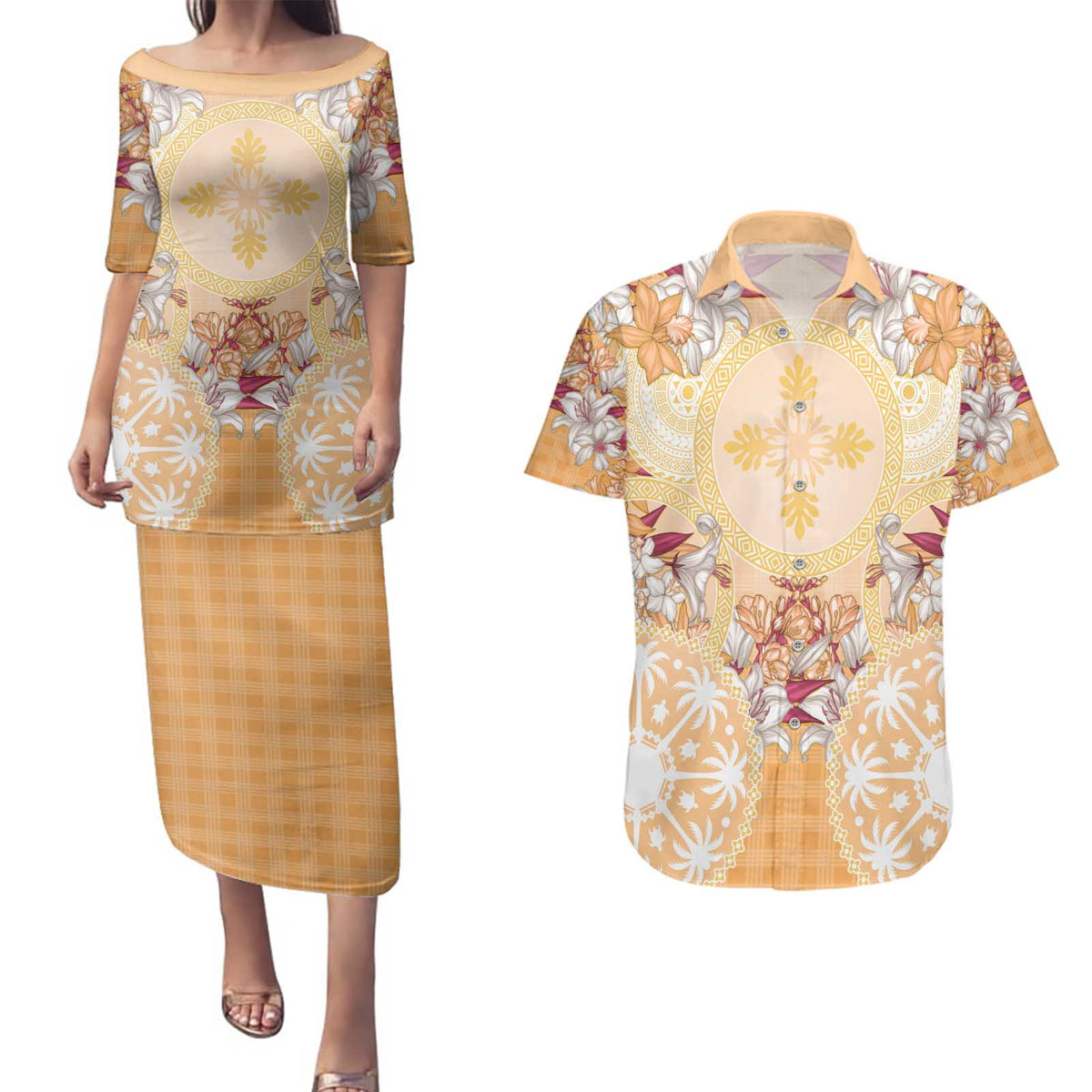 Hawaii Peach Palaka Couples Matching Puletasi and Hawaiian Shirt With Tapa Pattern Tropical Flowers - Polynesian Pride