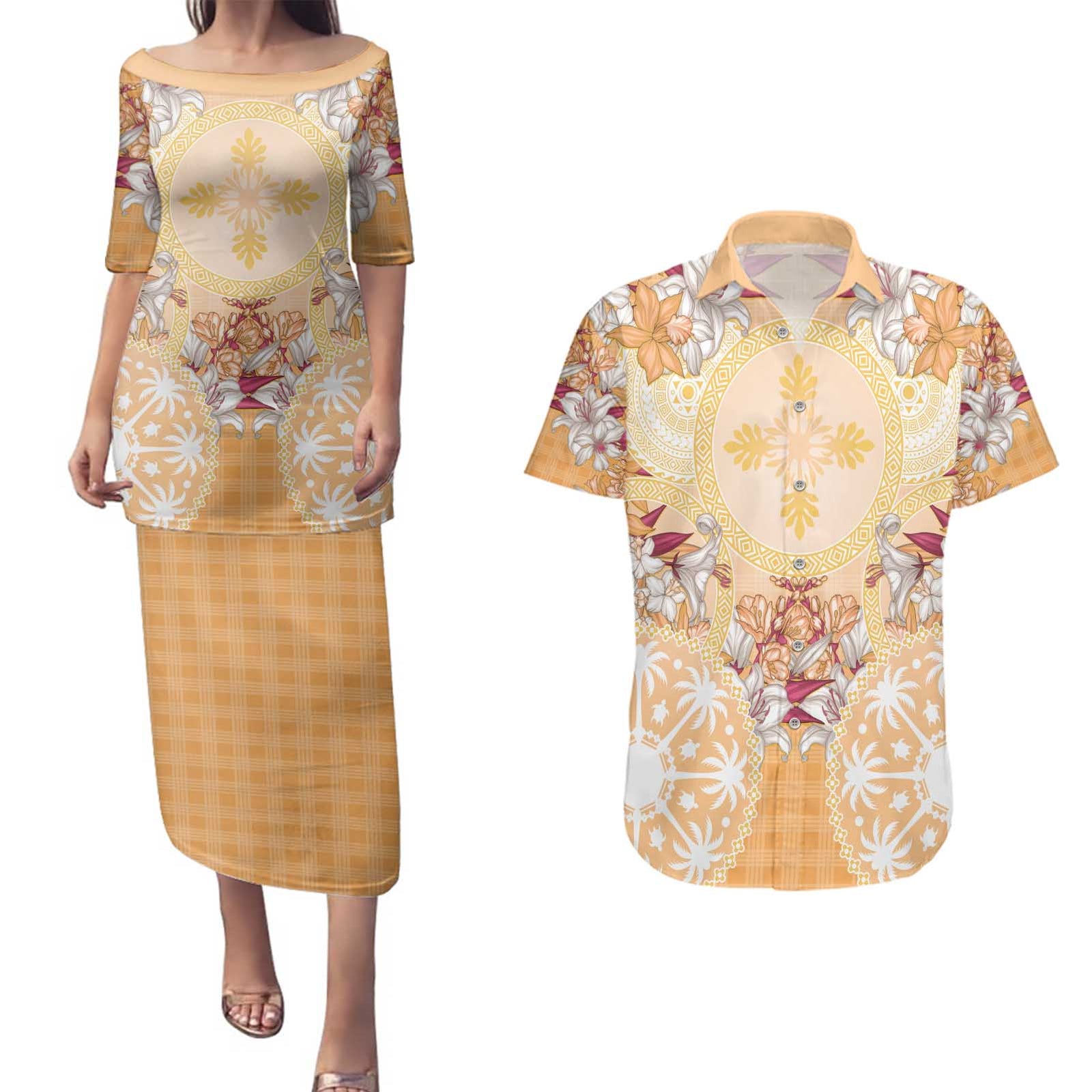 Hawaii Peach Palaka Couples Matching Puletasi and Hawaiian Shirt With Tapa Pattern Tropical Flowers - Polynesian Pride