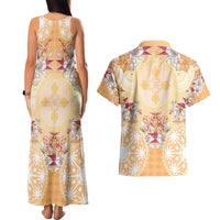 Hawaii Peach Palaka Couples Matching Tank Maxi Dress and Hawaiian Shirt With Tapa Pattern Tropical Flowers - Polynesian Pride