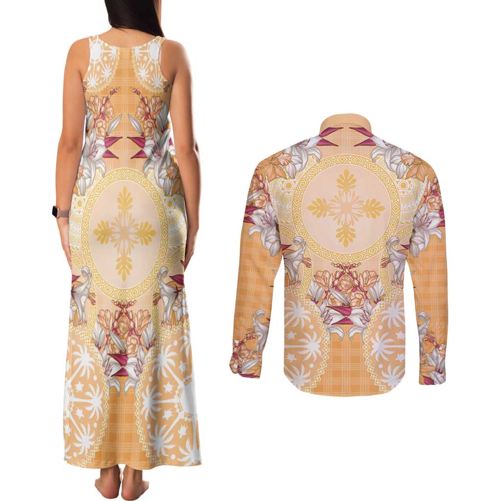 Hawaii Peach Palaka Couples Matching Tank Maxi Dress and Long Sleeve Button Shirt With Tapa Pattern Tropical Flowers - Polynesian Pride