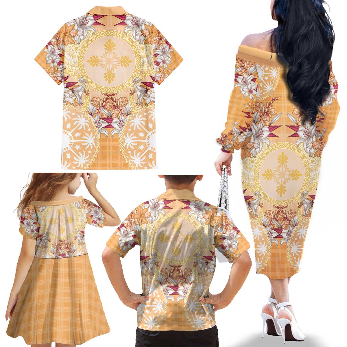 Hawaii Peach Palaka Family Matching Off The Shoulder Long Sleeve Dress and Hawaiian Shirt With Tapa Pattern Tropical Flowers - Polynesian Pride