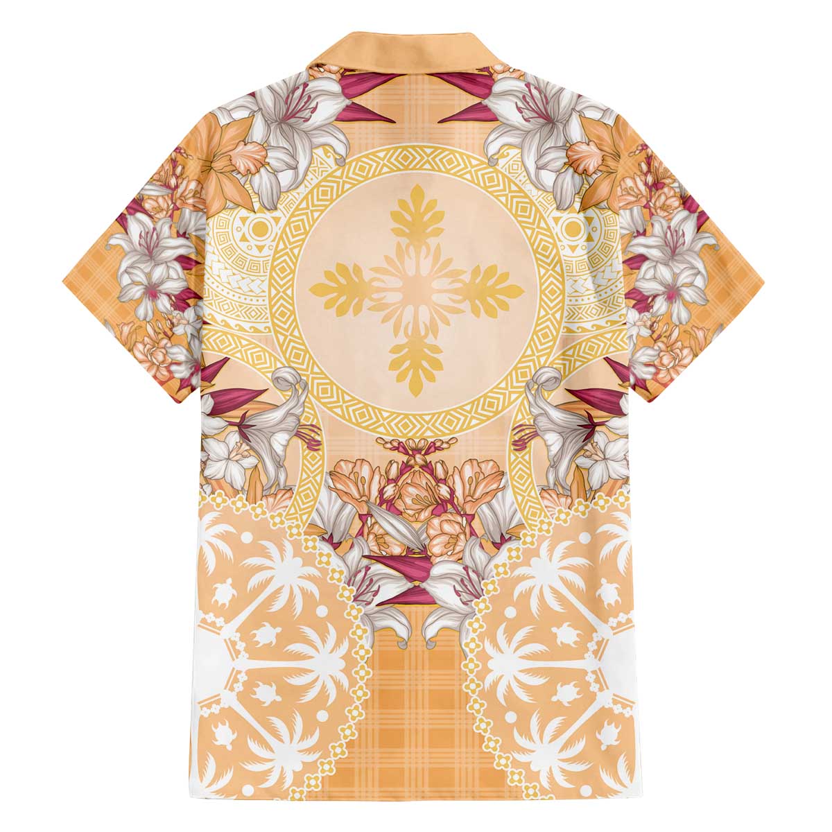 Hawaii Peach Palaka Family Matching Off The Shoulder Long Sleeve Dress and Hawaiian Shirt With Tapa Pattern Tropical Flowers - Polynesian Pride