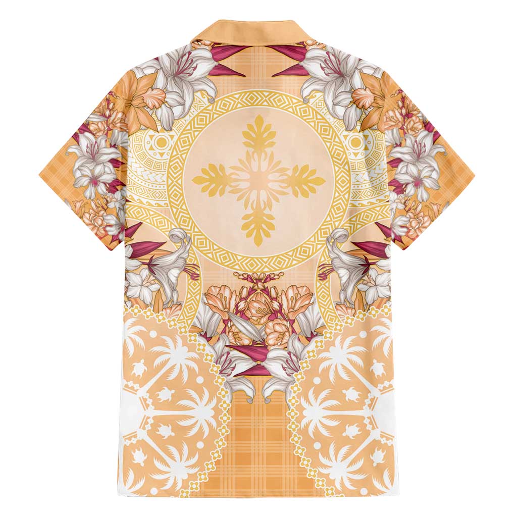 Hawaii Peach Palaka Family Matching Off Shoulder Maxi Dress and Hawaiian Shirt With Tapa Pattern Tropical Flowers - Polynesian Pride