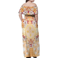Hawaii Peach Palaka Family Matching Off Shoulder Maxi Dress and Hawaiian Shirt With Tapa Pattern Tropical Flowers - Polynesian Pride