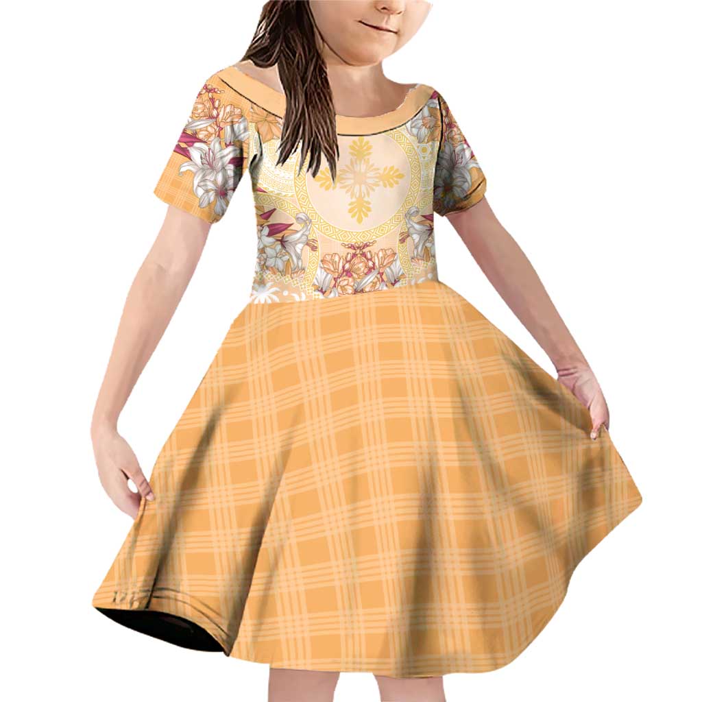 Hawaii Peach Palaka Family Matching Off Shoulder Short Dress and Hawaiian Shirt With Tapa Pattern Tropical Flowers - Polynesian Pride