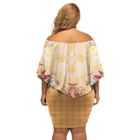 Hawaii Peach Palaka Family Matching Off Shoulder Short Dress and Hawaiian Shirt With Tapa Pattern Tropical Flowers - Polynesian Pride