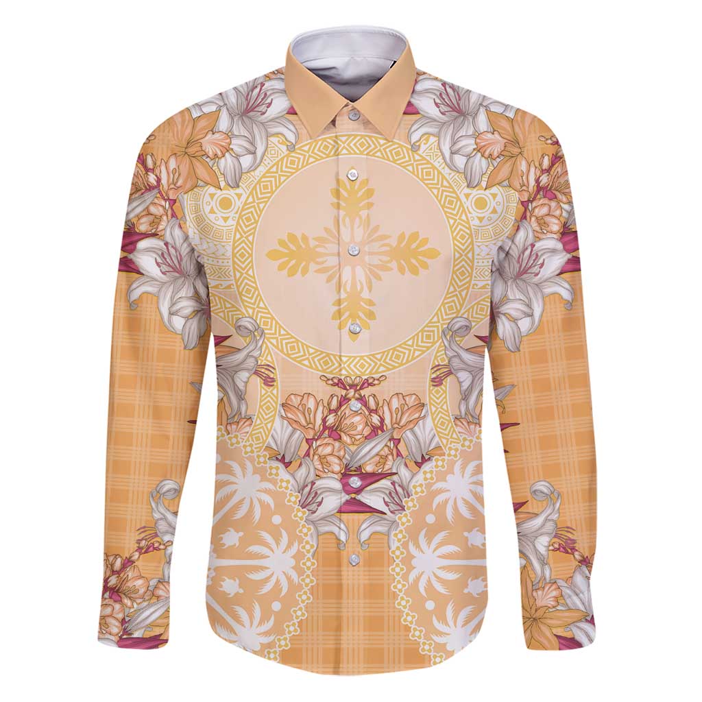 Hawaii Peach Palaka Family Matching Puletasi and Hawaiian Shirt With Tapa Pattern Tropical Flowers - Polynesian Pride