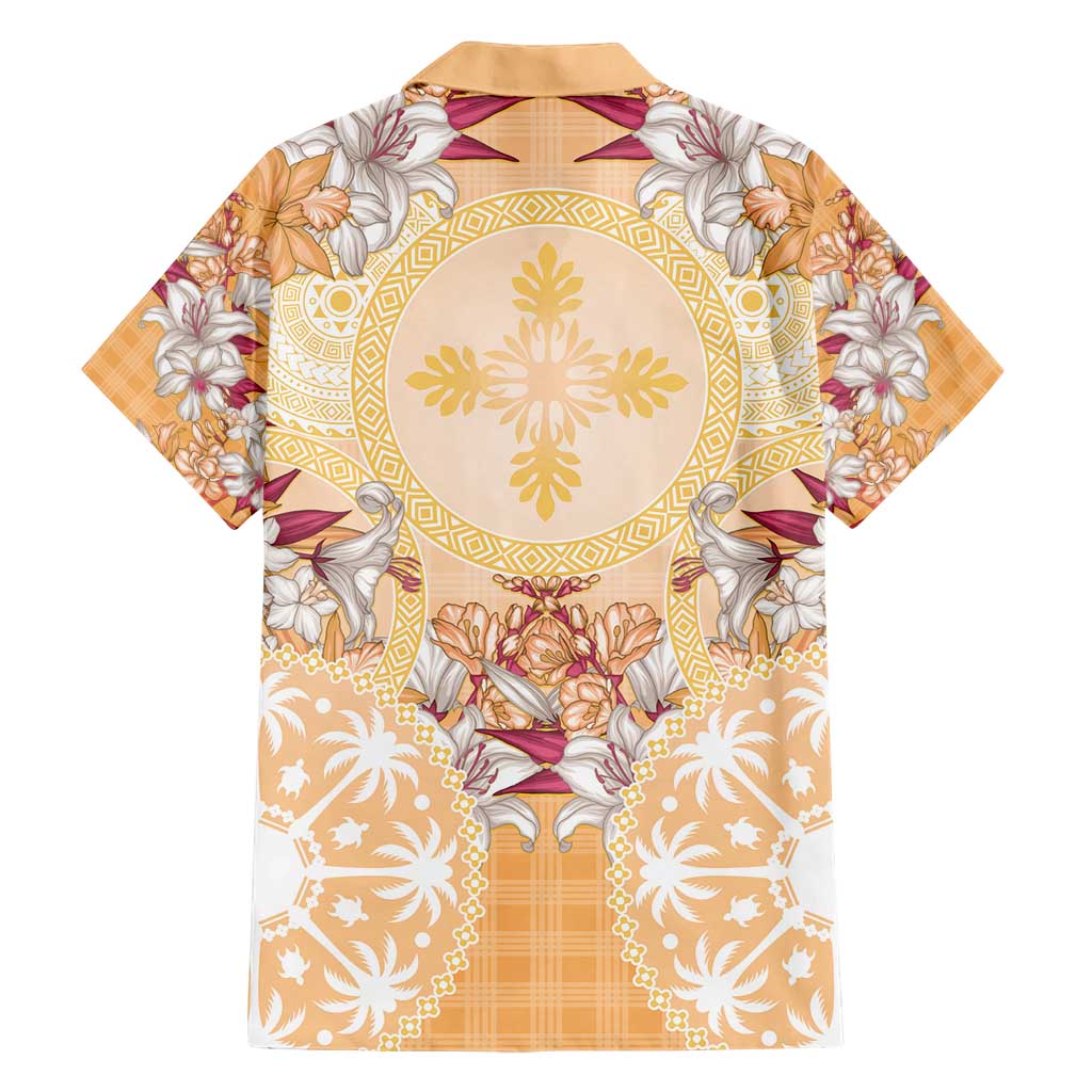 Hawaii Peach Palaka Family Matching Short Sleeve Bodycon Dress and Hawaiian Shirt With Tapa Pattern Tropical Flowers - Polynesian Pride
