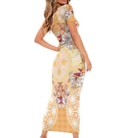 Hawaii Peach Palaka Family Matching Short Sleeve Bodycon Dress and Hawaiian Shirt With Tapa Pattern Tropical Flowers - Polynesian Pride