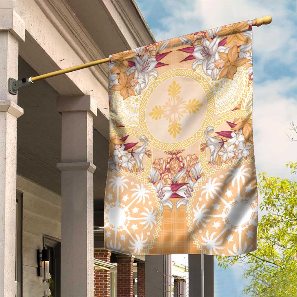 Hawaii Peach Palaka Garden Flag With Tapa Pattern Tropical Flowers - Polynesian Pride