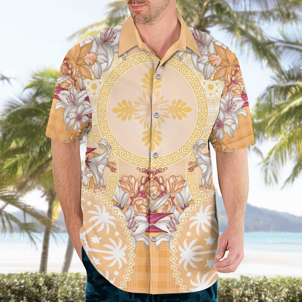 Hawaii Peach Palaka Hawaiian Shirt With Tapa Pattern Tropical Flowers - Polynesian Pride