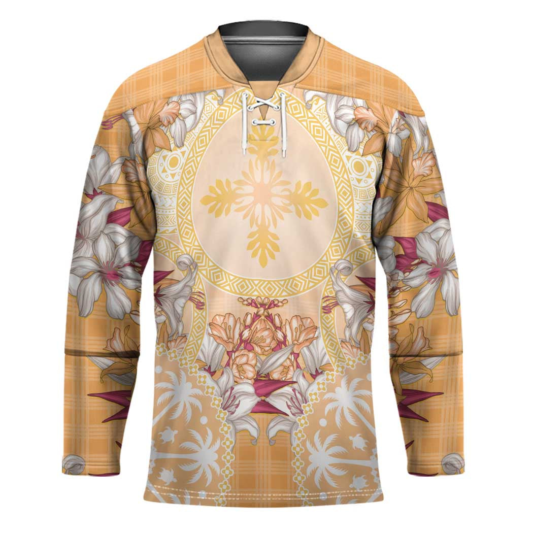 Hawaii Peach Palaka Hockey Jersey With Tapa Pattern Tropical Flowers - Polynesian Pride
