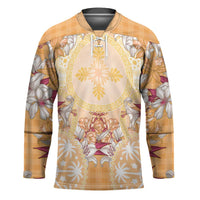 Hawaii Peach Palaka Hockey Jersey With Tapa Pattern Tropical Flowers - Polynesian Pride