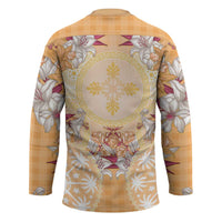 Hawaii Peach Palaka Hockey Jersey With Tapa Pattern Tropical Flowers - Polynesian Pride