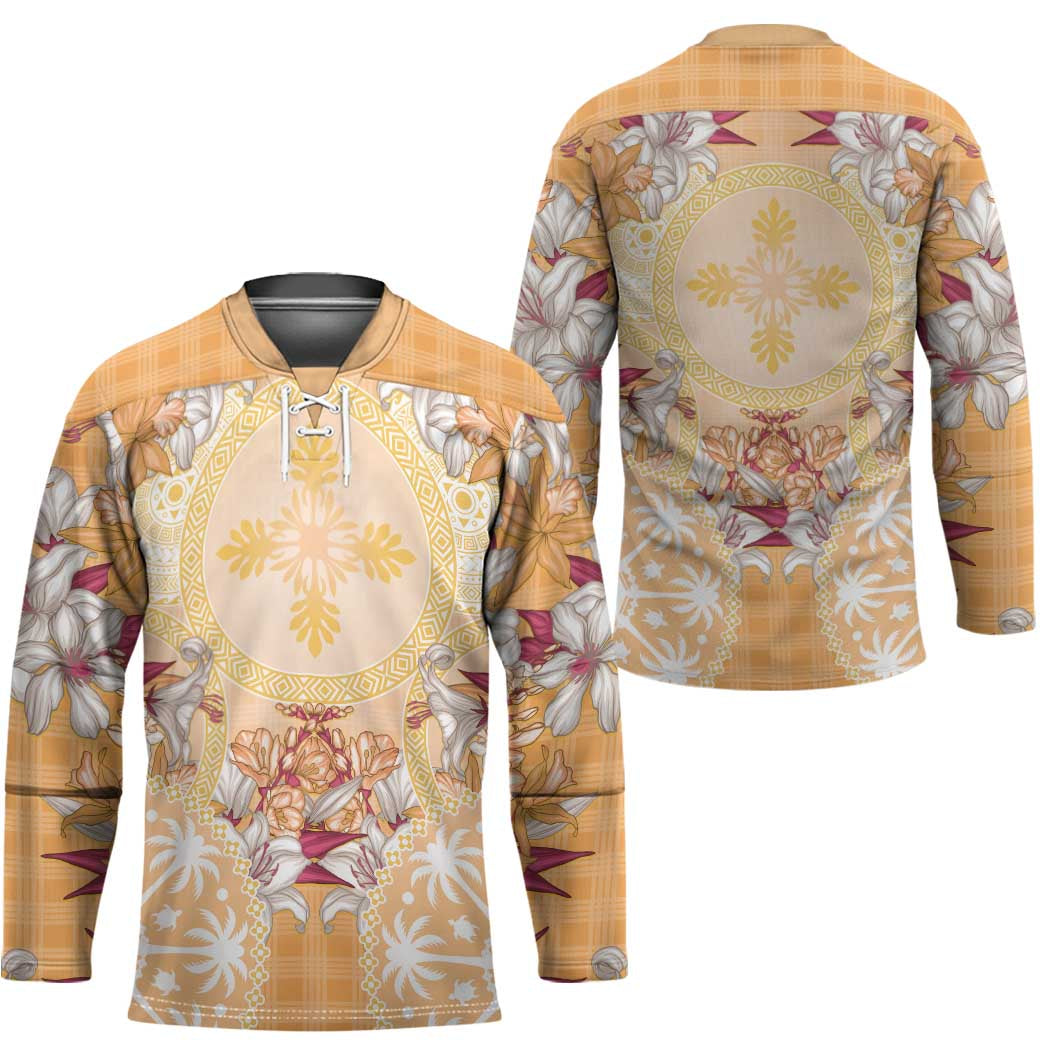 Hawaii Peach Palaka Hockey Jersey With Tapa Pattern Tropical Flowers - Polynesian Pride