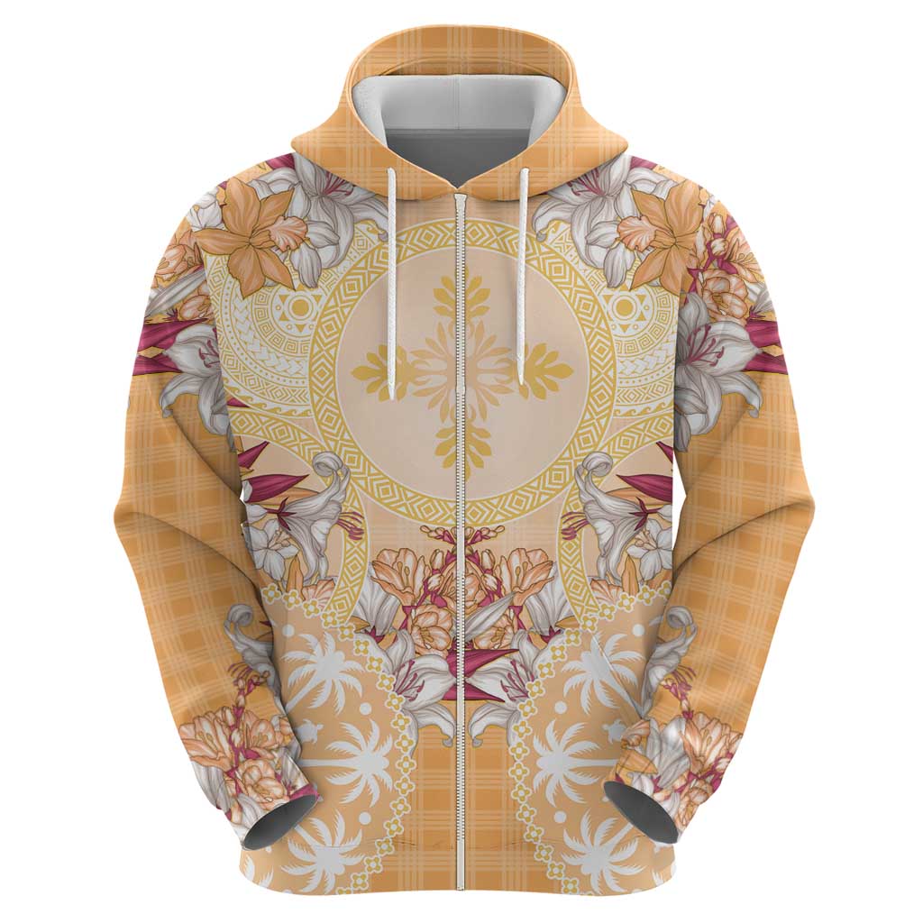 Hawaii Peach Palaka Hoodie With Tapa Pattern Tropical Flowers - Polynesian Pride