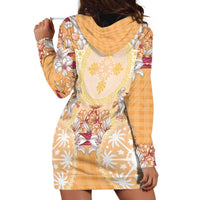 Hawaii Peach Palaka Hoodie Dress With Tapa Pattern Tropical Flowers - Polynesian Pride