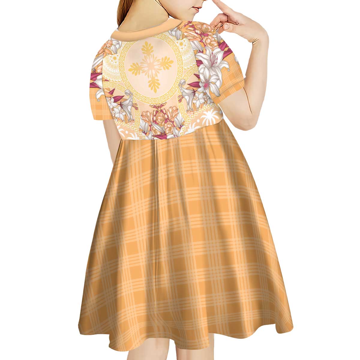 Hawaii Peach Palaka Kid Short Sleeve Dress With Tapa Pattern Tropical Flowers - Polynesian Pride