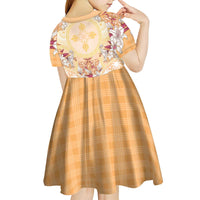 Hawaii Peach Palaka Kid Short Sleeve Dress With Tapa Pattern Tropical Flowers - Polynesian Pride