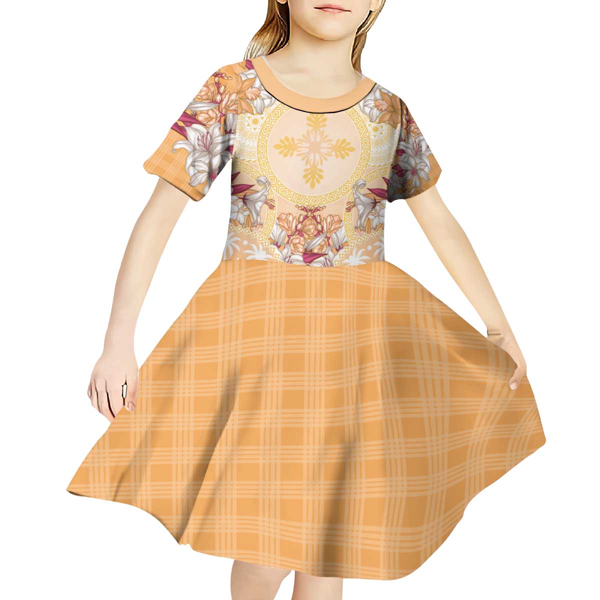 Hawaii Peach Palaka Kid Short Sleeve Dress With Tapa Pattern Tropical Flowers - Polynesian Pride