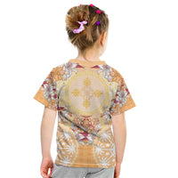 Hawaii Peach Palaka Kid T Shirt With Tapa Pattern Tropical Flowers - Polynesian Pride