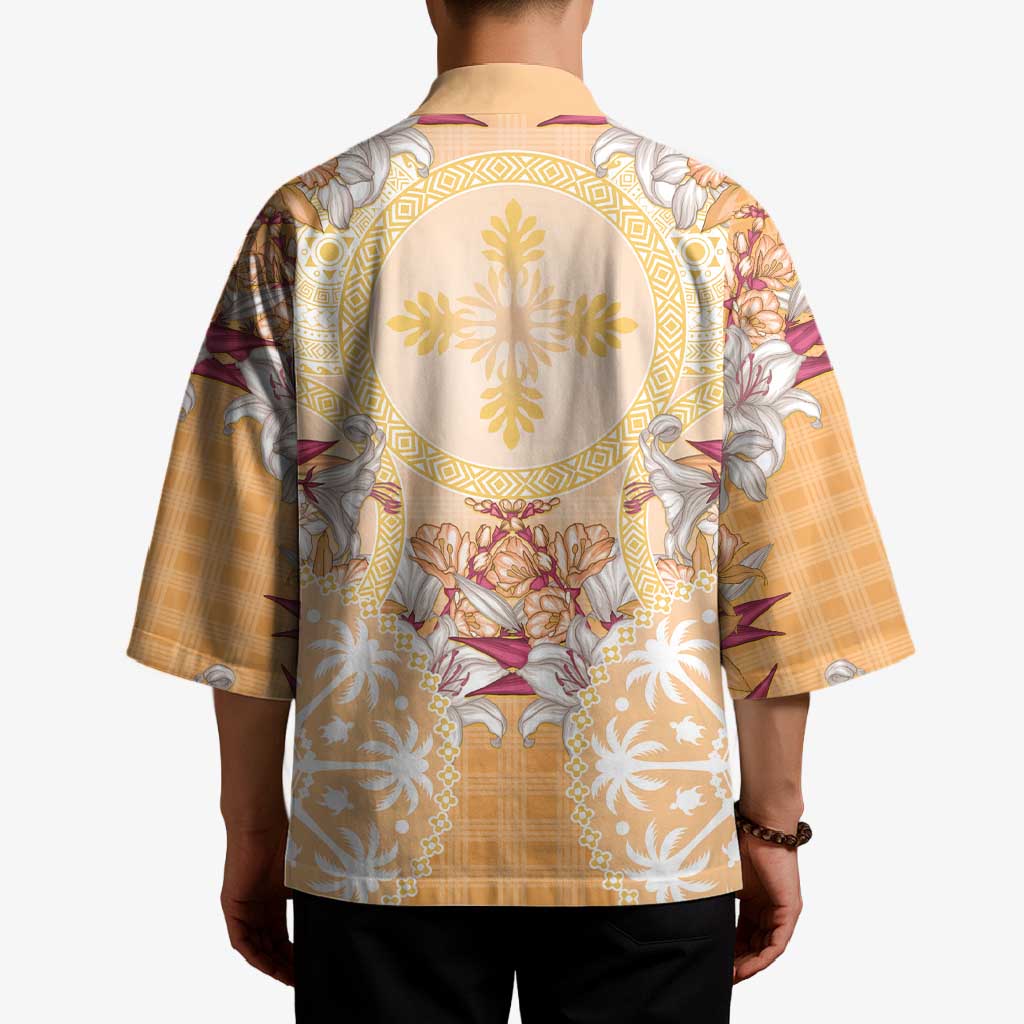 Hawaii Peach Palaka Kimono With Tapa Pattern Tropical Flowers - Polynesian Pride