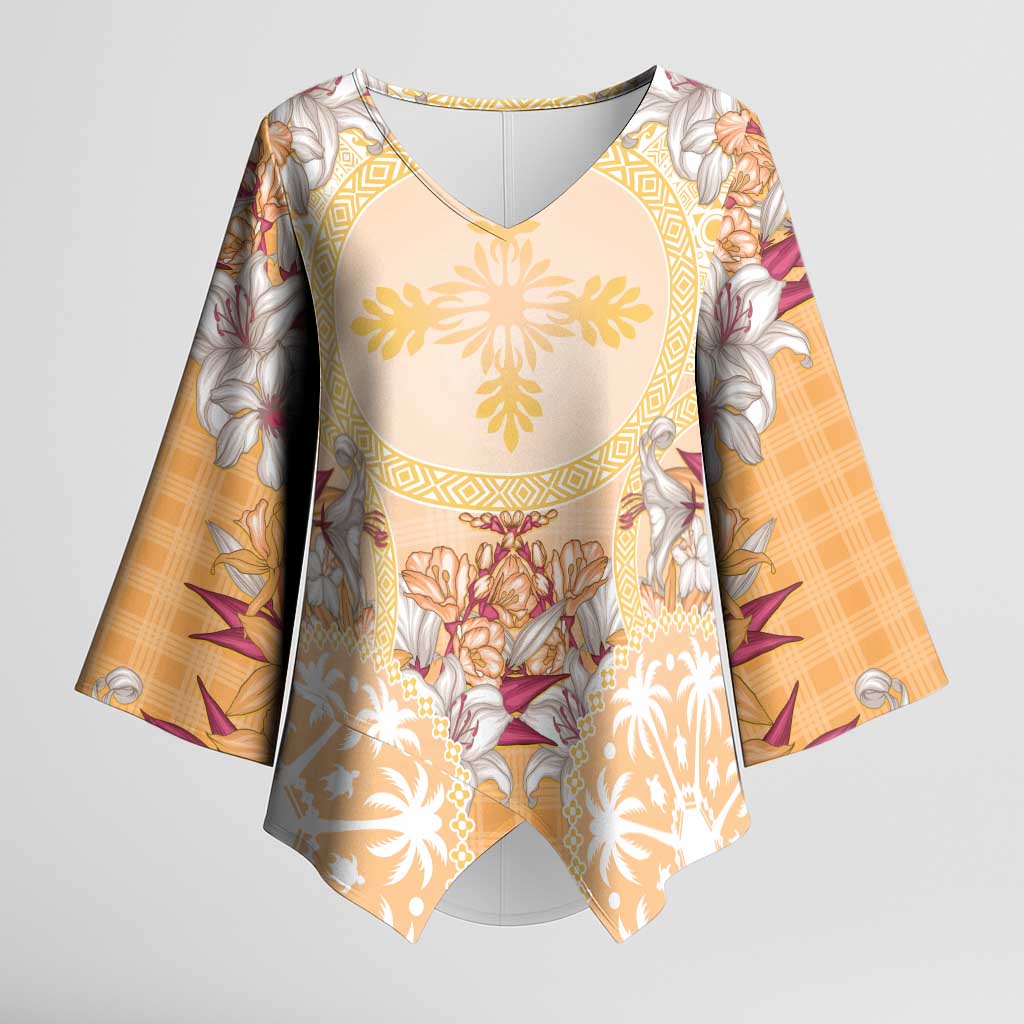 Hawaii Peach Palaka Kimono Sleeve Blouse With Tapa Pattern Tropical Flowers - Polynesian Pride