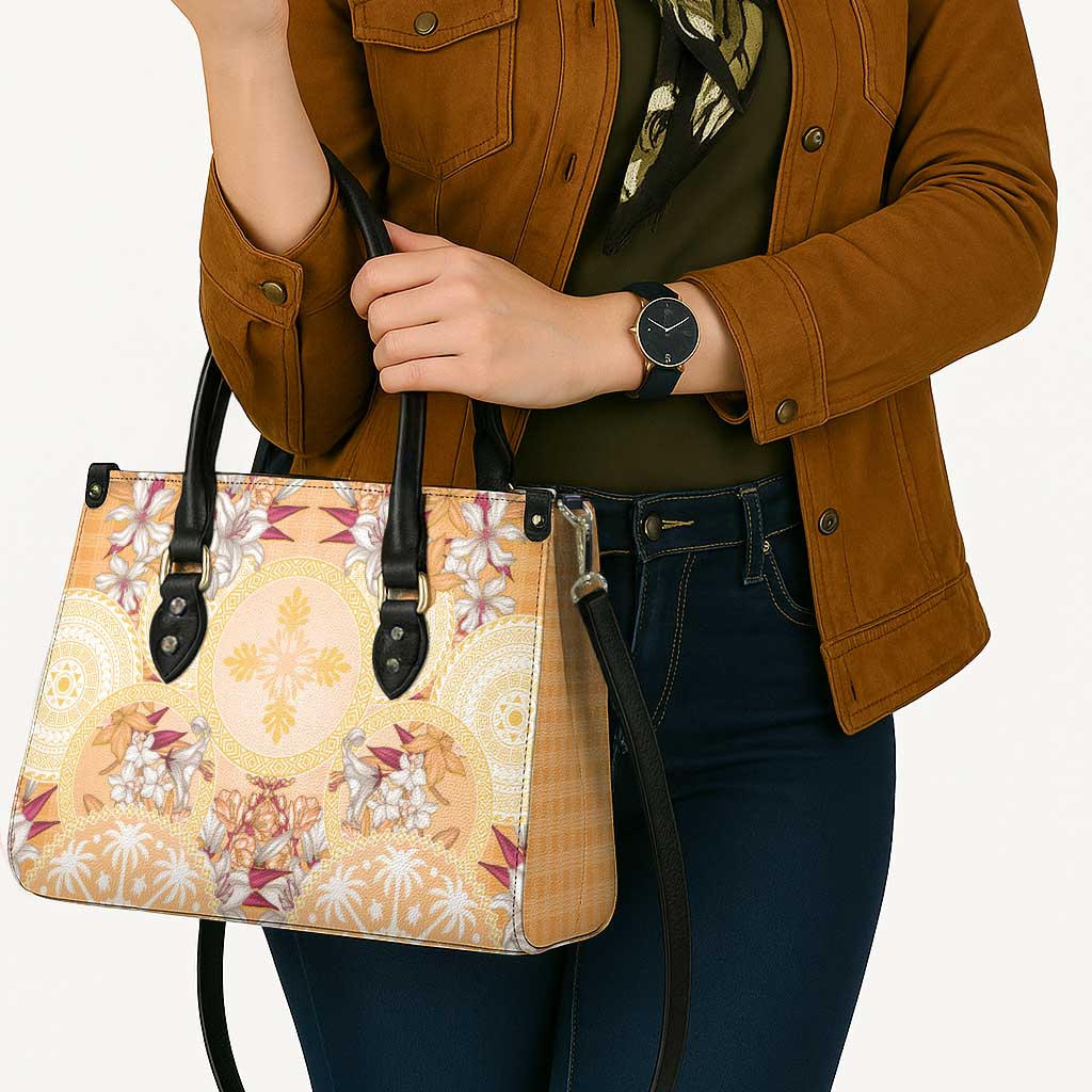 Hawaii Peach Palaka Leather Bag With Tapa Pattern Tropical Flowers - Polynesian Pride