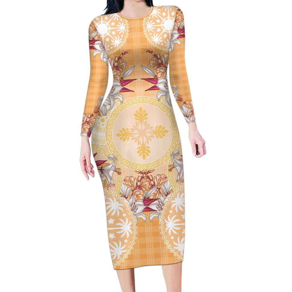 Hawaii Peach Palaka Long Sleeve Bodycon Dress With Tapa Pattern Tropical Flowers - Polynesian Pride
