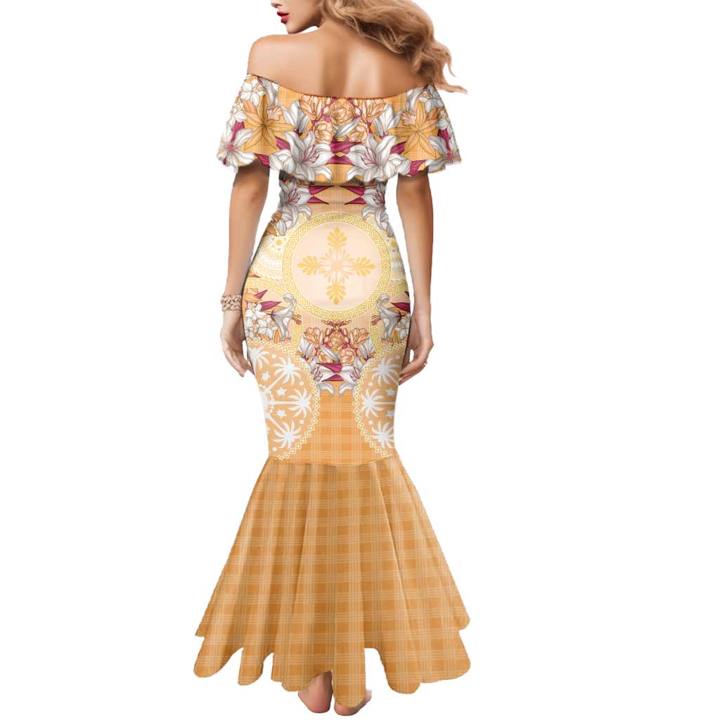 Hawaii Peach Palaka Mermaid Dress With Tapa Pattern Tropical Flowers - Polynesian Pride