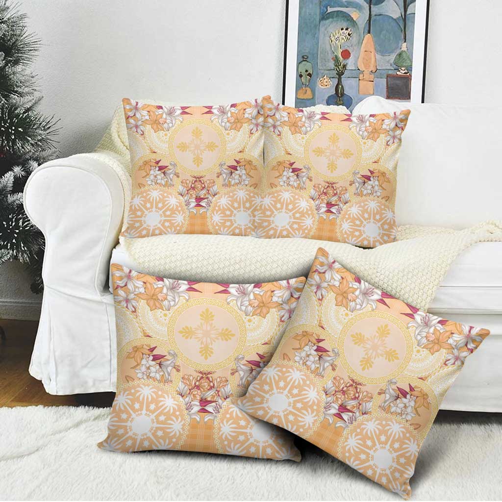 Hawaii Peach Palaka Pillow Cover With Tapa Pattern Tropical Flowers - Polynesian Pride