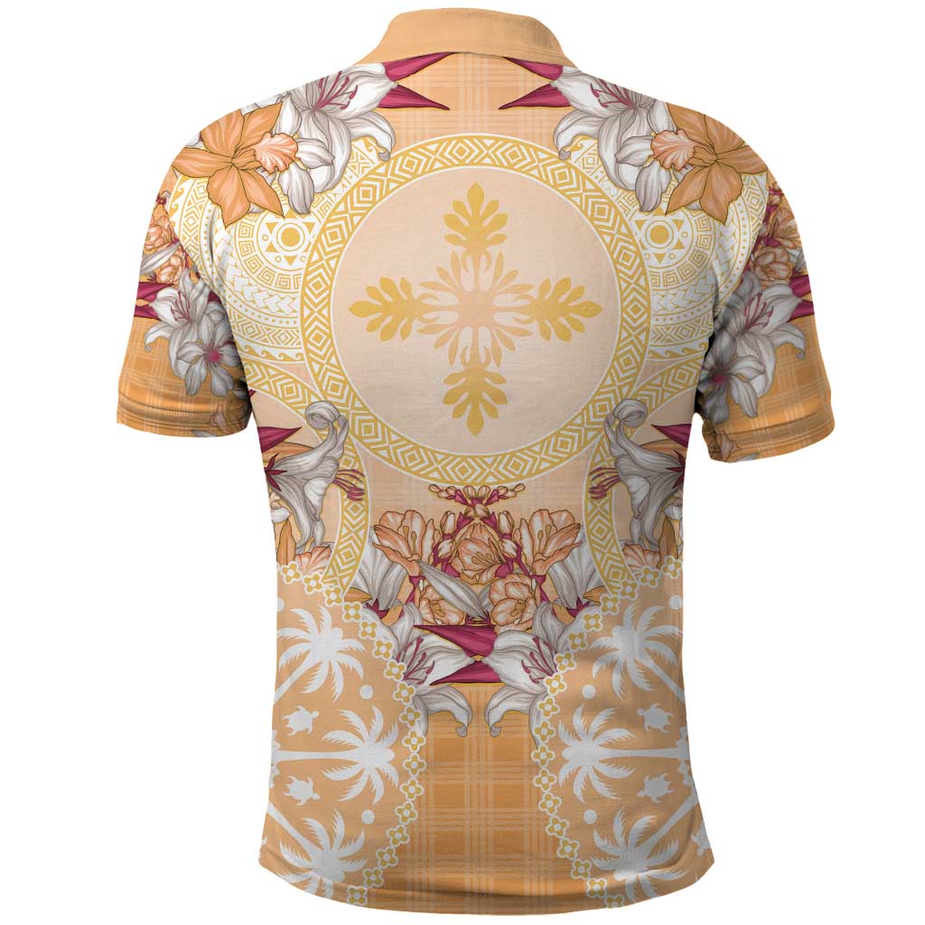 Hawaii Peach Palaka Polo Shirt With Tapa Pattern Tropical Flowers - Polynesian Pride