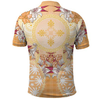 Hawaii Peach Palaka Polo Shirt With Tapa Pattern Tropical Flowers - Polynesian Pride