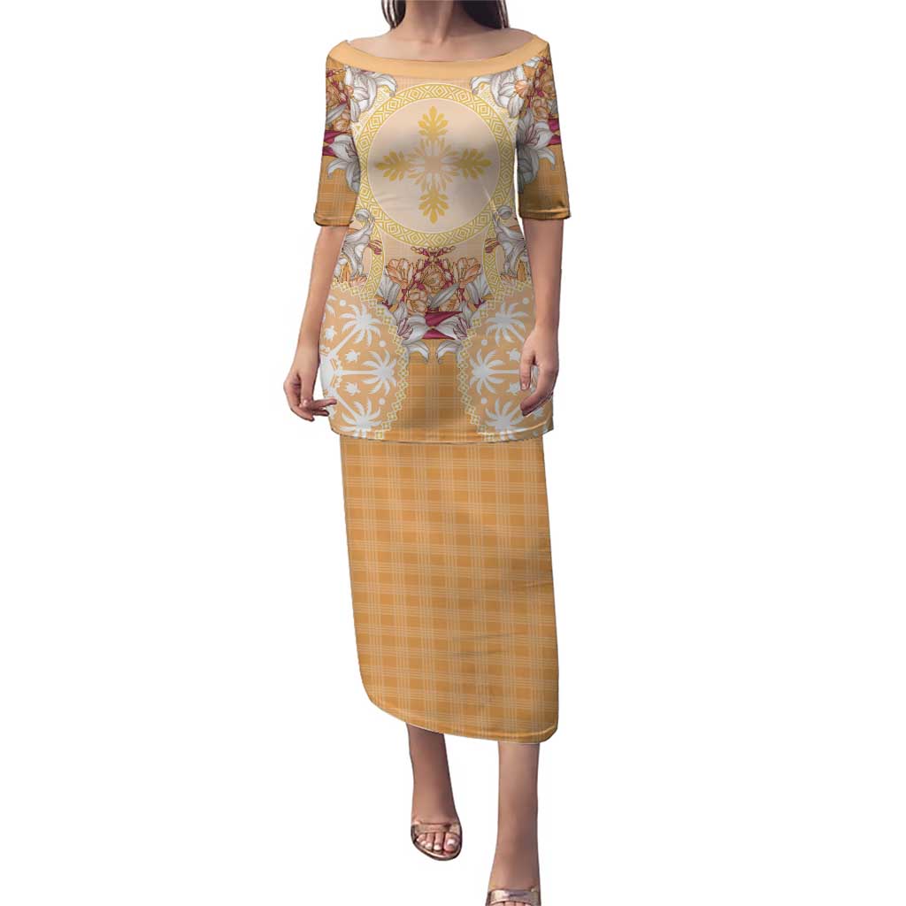 Hawaii Peach Palaka Puletasi With Tapa Pattern Tropical Flowers - Polynesian Pride