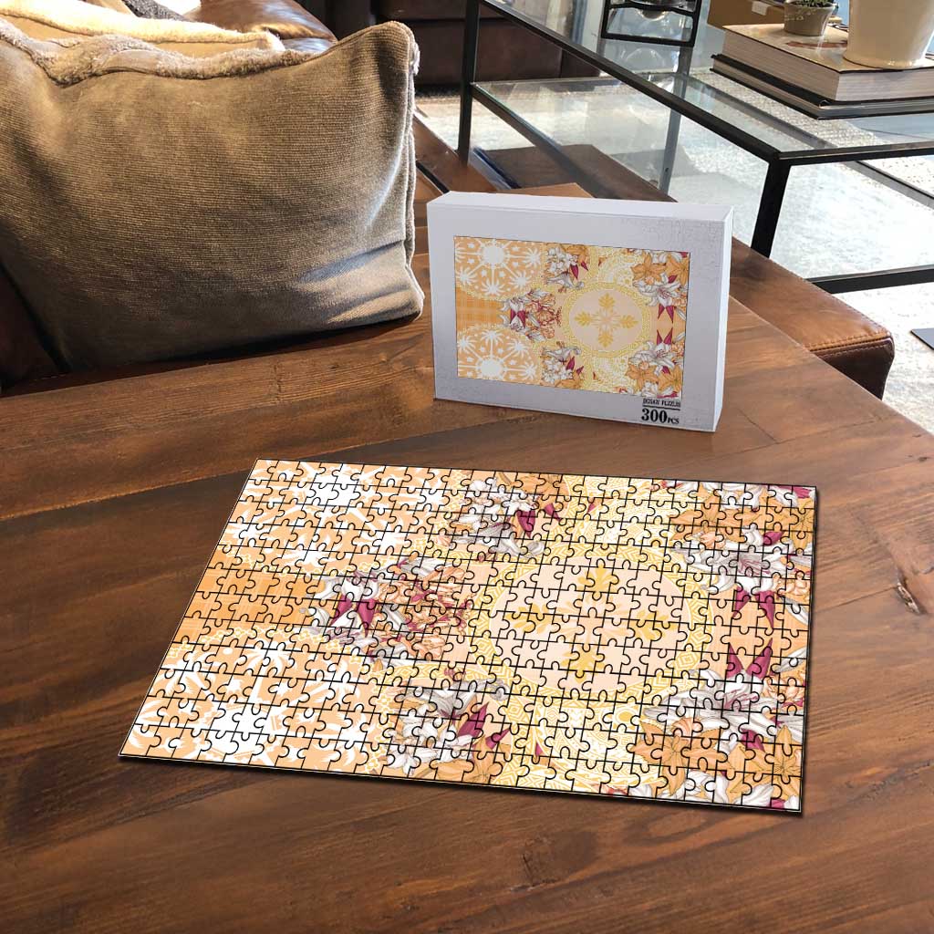 Hawaii Peach Palaka Puzzle With Tapa Pattern Tropical Flowers - Polynesian Pride
