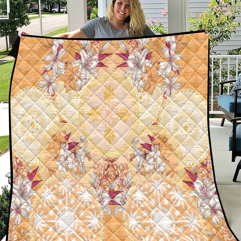 Hawaii Peach Palaka Quilt With Tapa Pattern Tropical Flowers - Polynesian Pride