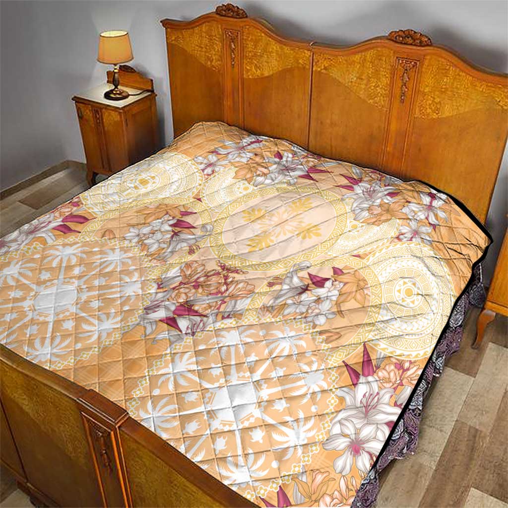 Hawaii Peach Palaka Quilt With Tapa Pattern Tropical Flowers - Polynesian Pride