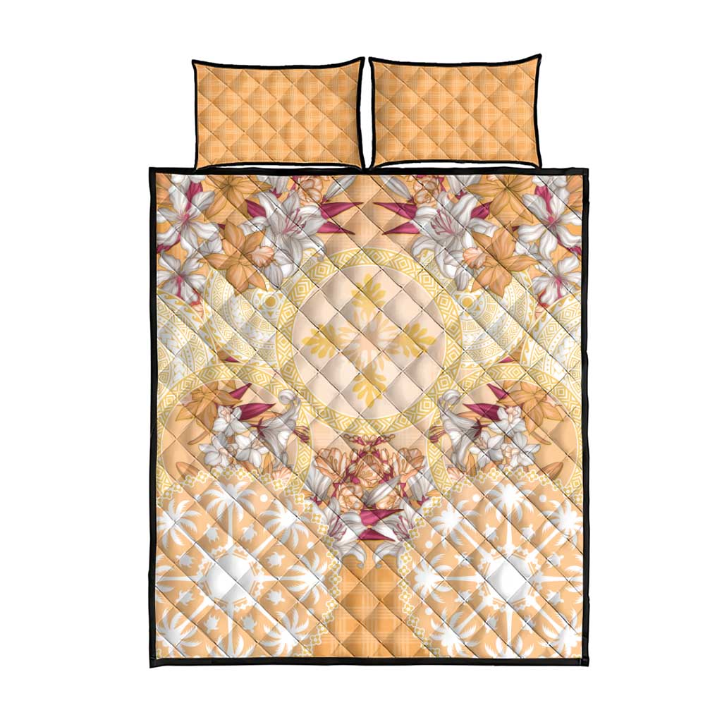 Hawaii Peach Palaka Quilt Bed Set With Tapa Pattern Tropical Flowers - Polynesian Pride