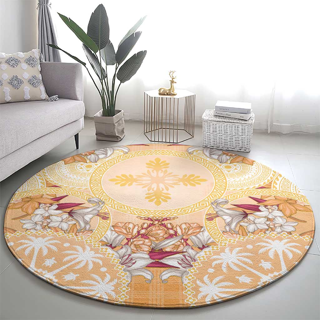 Hawaii Peach Palaka Round Carpet With Tapa Pattern Tropical Flowers - Polynesian Pride