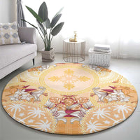 Hawaii Peach Palaka Round Carpet With Tapa Pattern Tropical Flowers - Polynesian Pride